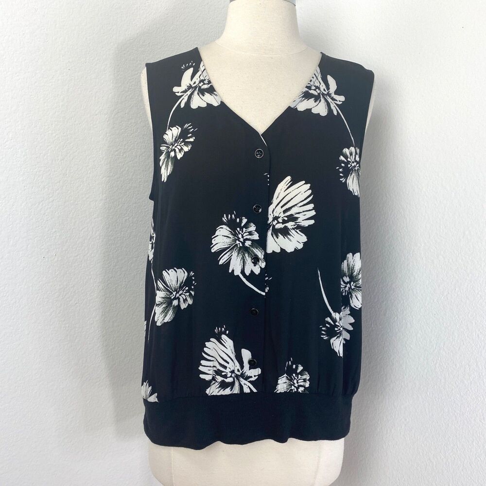Cabi Black White Floral Chiffon Tank Top Small Button Front Resort Travel Boho
